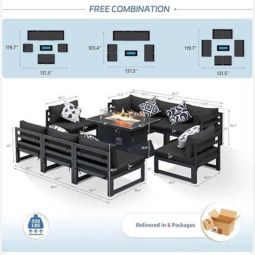 Miniatura 675 de NICESOUL 7 Piece White Powder-Coated Aluminum Patio Furniture with Fire Pit Table, 29 Inch Extra Wide Outdoor Sectional Sofa for 6, High-End Heavy