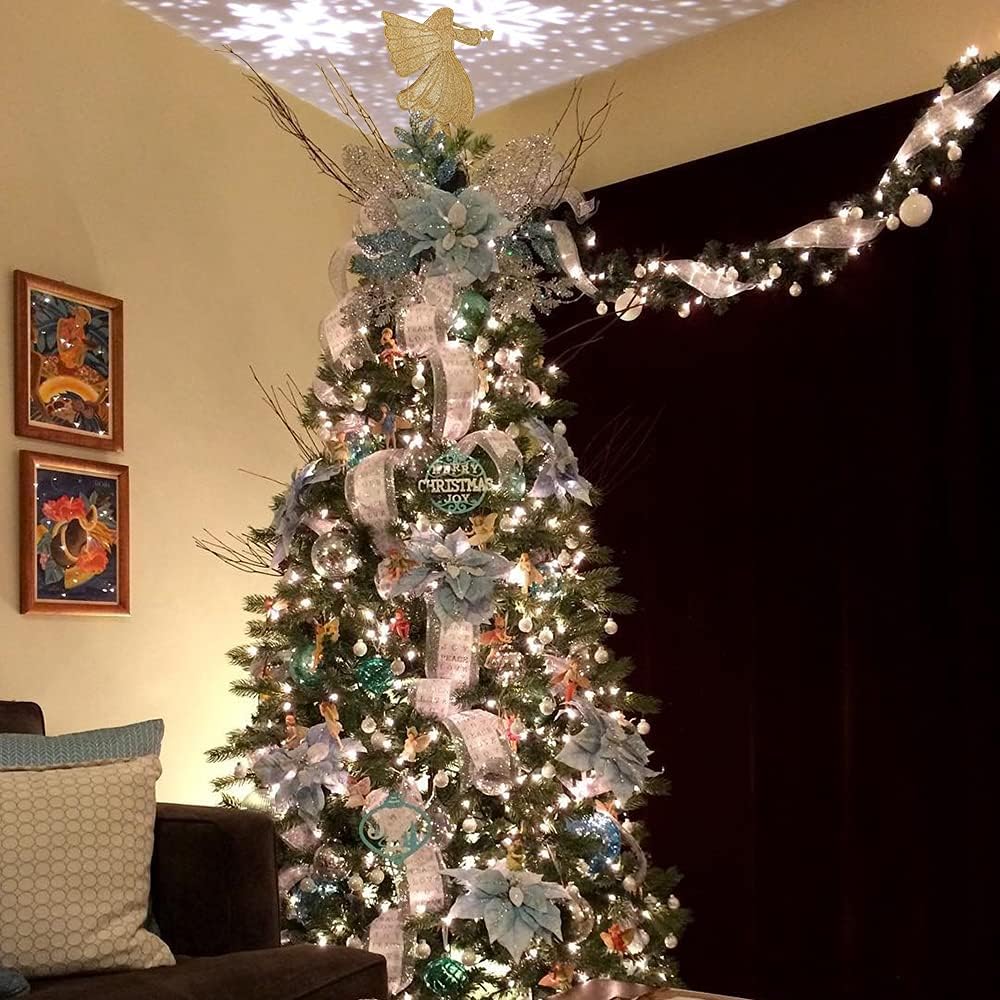 YZHI Angel Tree Topper, Christmas Tree Topper Projector Lighted Ornaments, Snowflake Lights 3D Christmas Tree Decoration Xmas Gifts (Gold)