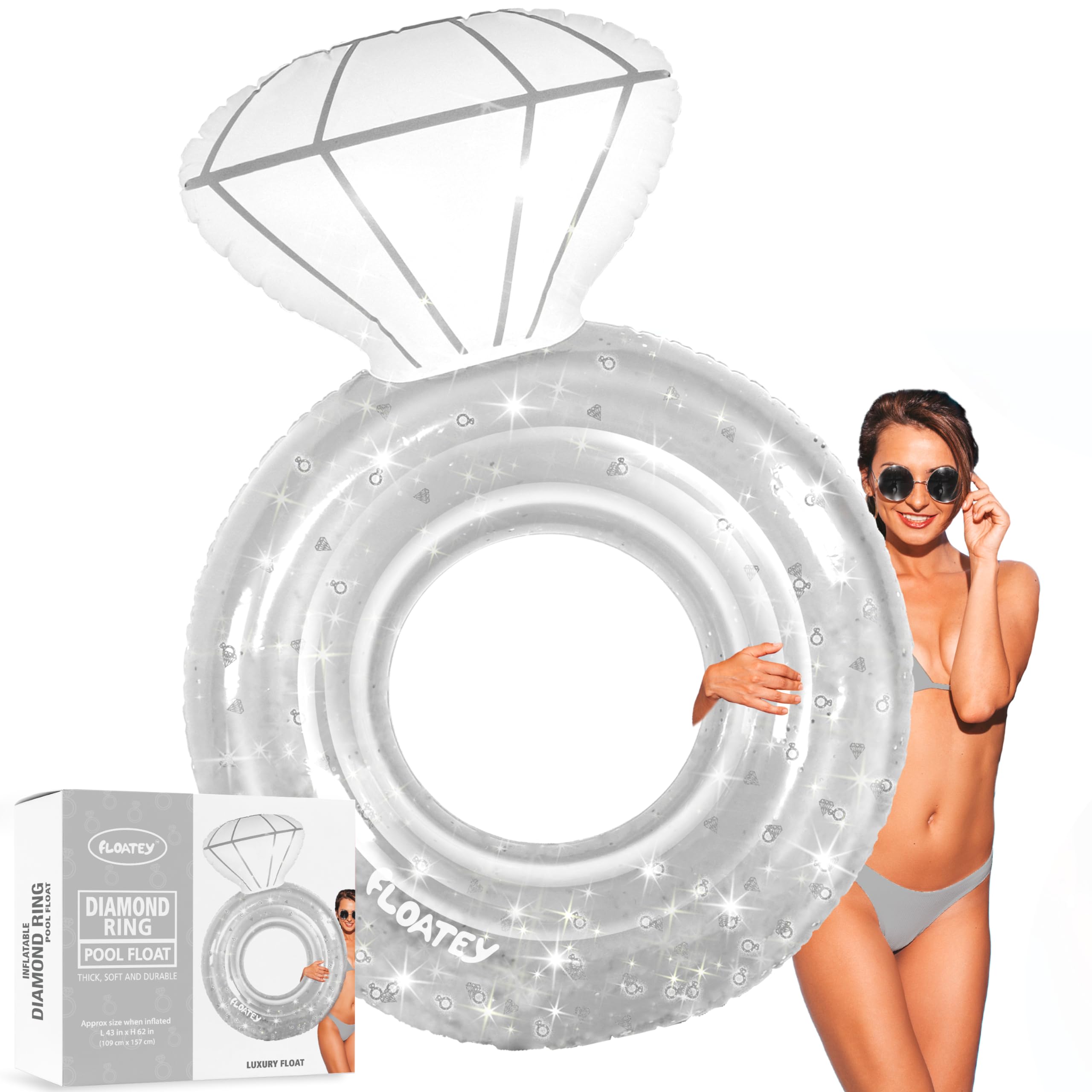 Floatey Bachelorette Party Decorations - XtraLarge Diamond Ring Pool Float | Shiny Glitter Conffetti Inside | Bachelorette Pool Floats for Bride, Ring Floatie Bachelorette Party Accessories, Silver