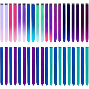 40 PCS Colored Hair Extensions, LADYAMZ Ombre Gradient Color/Teal Blue/Purple Blue Clip in Synthetic Hair Extensions Party Highlights for Girls Women Kids Doll Cosplay Party Gifts 22 inch
