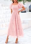 PRETTYGARDEN Women's Smocked Midi Tulle Dress 2026 Summer Puffy Short Sleeve Square Neck Ruffle Wedding Guest Party Dresses