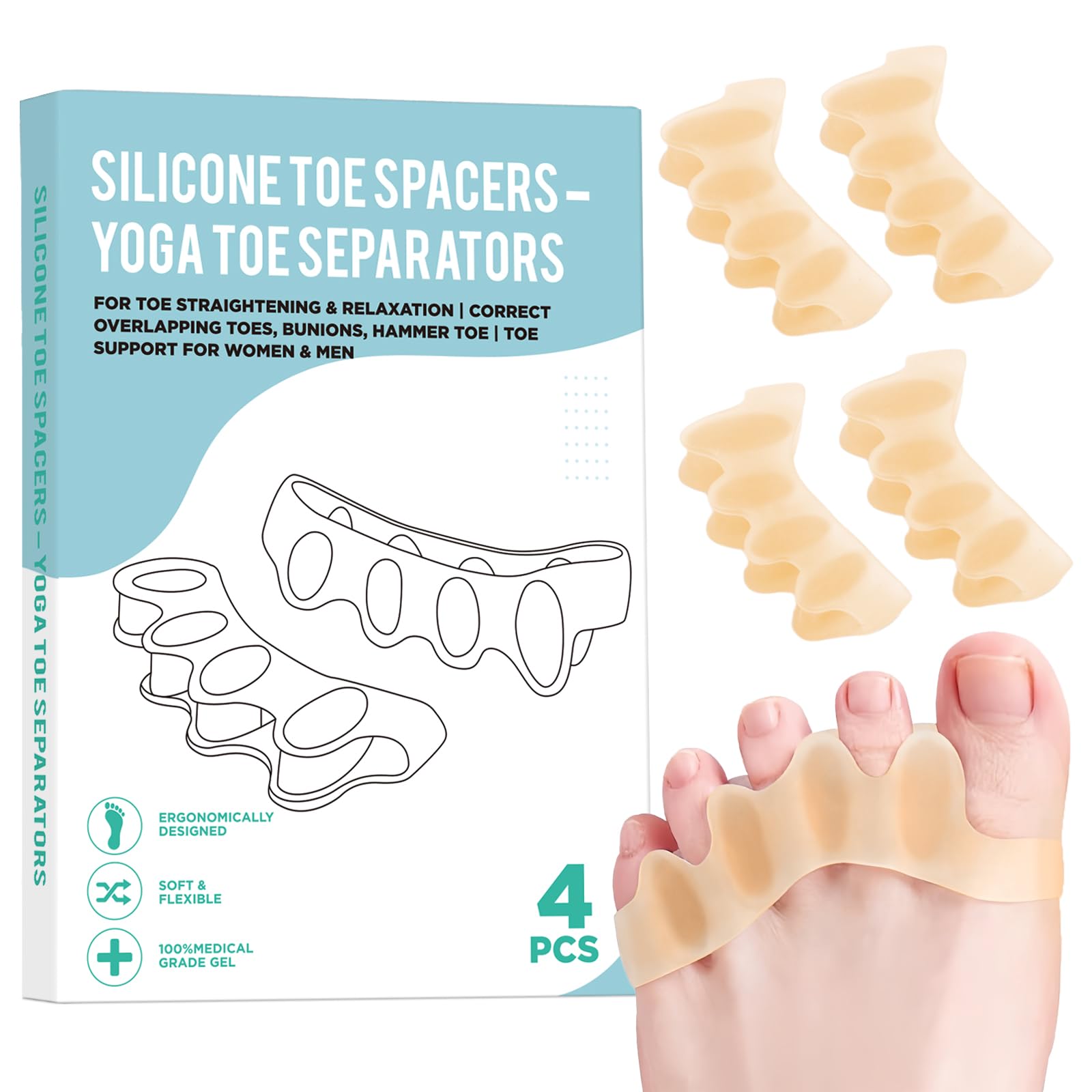 4 pcs silicone toe spacers  yoga toe separators for toe straightening  relaxation  correct overlapping toes bunions hammer toe  toe support toe separators for women  men 398in tan