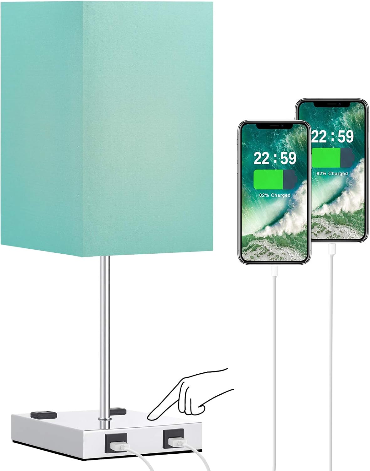 USB Table Lamp, Aooshine 3 Way Touch Control Bedside Lamp with Dual USB Charging Ports & Dual 2-Pin Outlet, Light Blue Lampshade and Sliver Base, E26 Base 2700K Warm White LED Bulb Included - - 