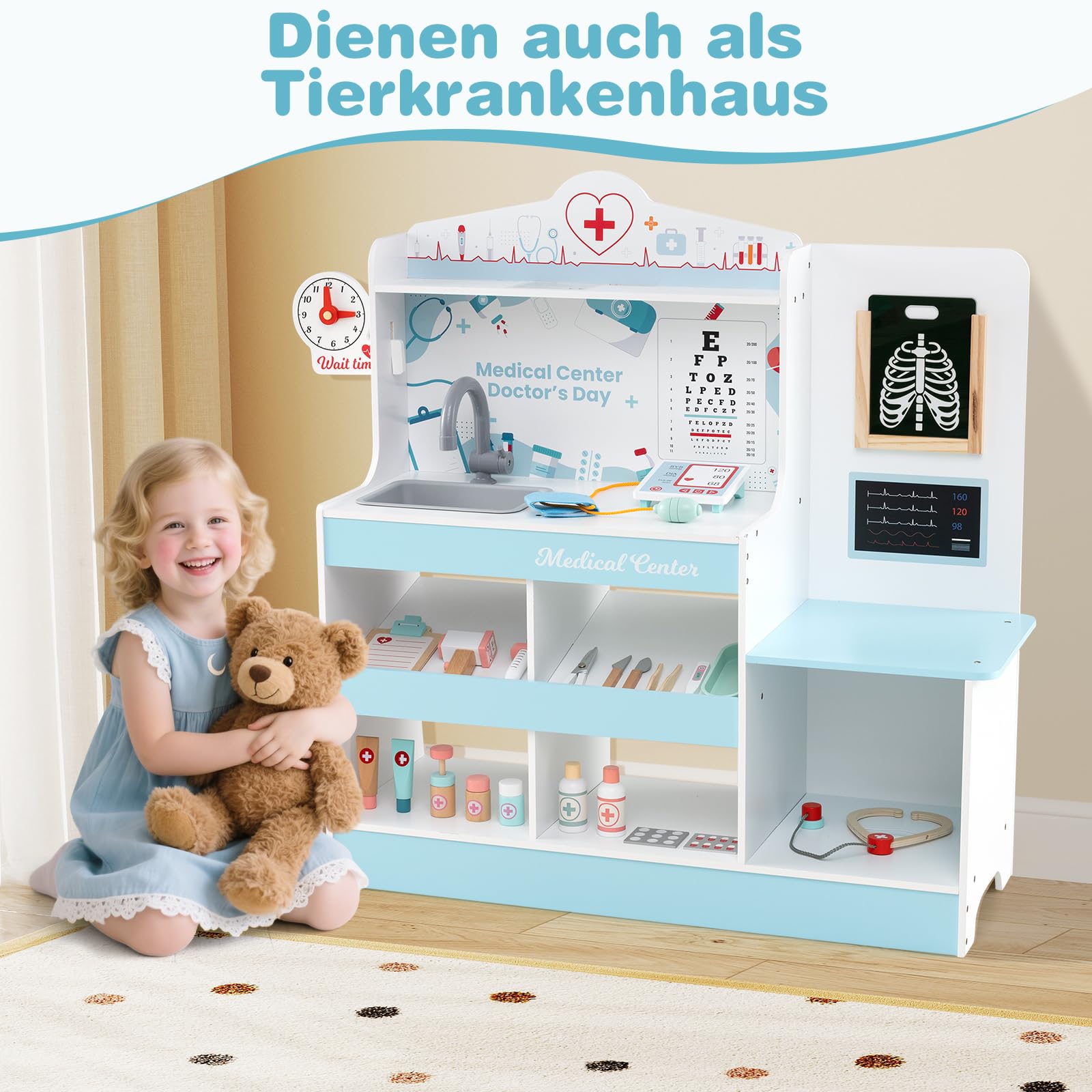 COSTWAY Krankenhaus Spielzeug, Doktor-Spielset Holz mit medizinischen Geräten & 24 Zubehör, inkl. Stethoskop & Blutdruckmessgerät & Spritze, Arzt-Rollenspiel für Kinder ab 3 Jahren (Blau)