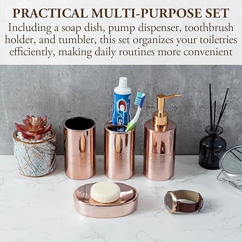 Miniatura 3 de MyGift Juego de 4 accesorios de baño de cerámica con textura moderna en lujoso acabado dorado rosa con jabonera, dispensador de bomba, soporte para