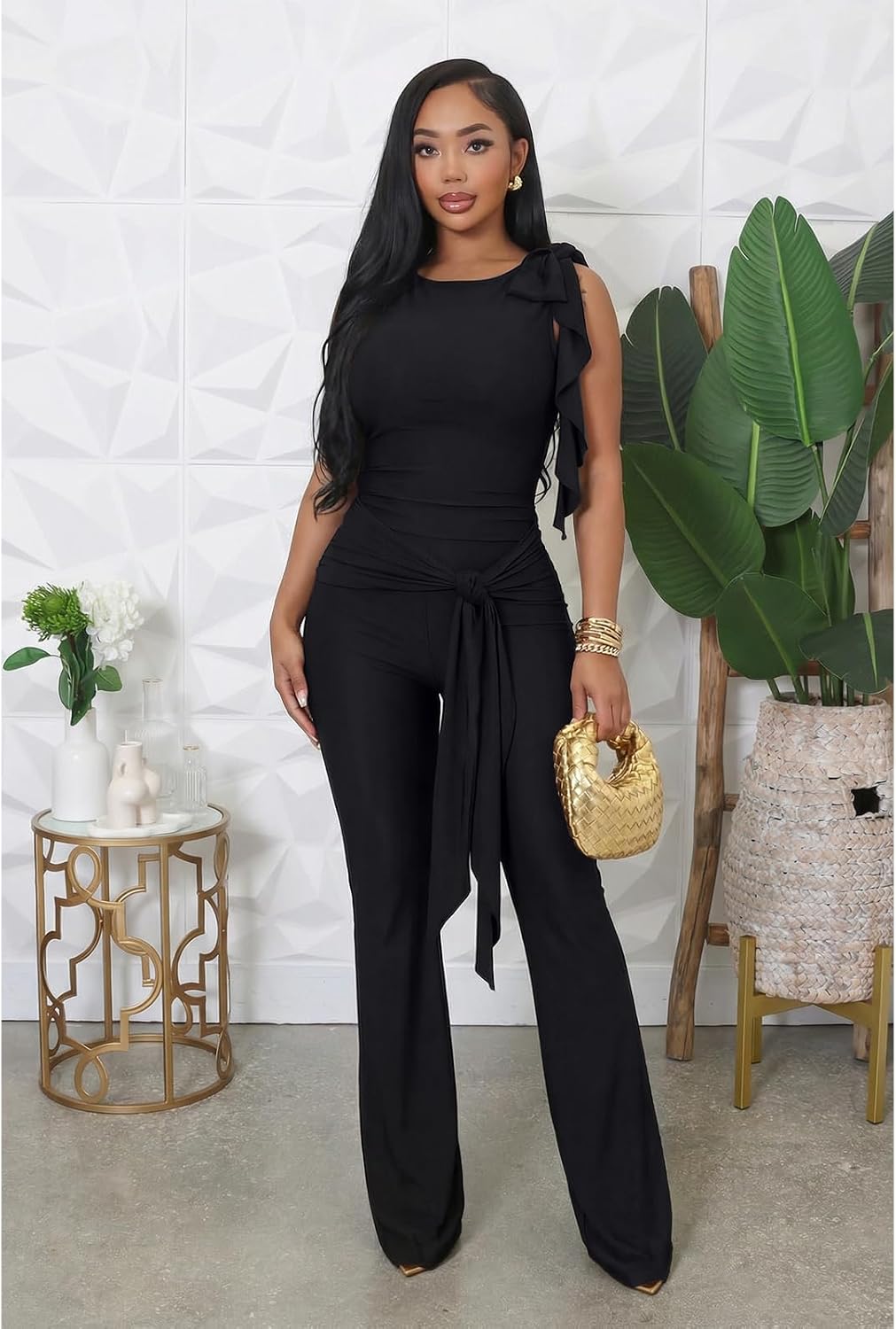 Pants Sets Women 2 Piece Outfits Summer Two Piece Ruffle Tank Top & Flare Pant Matching Set Casual Travel