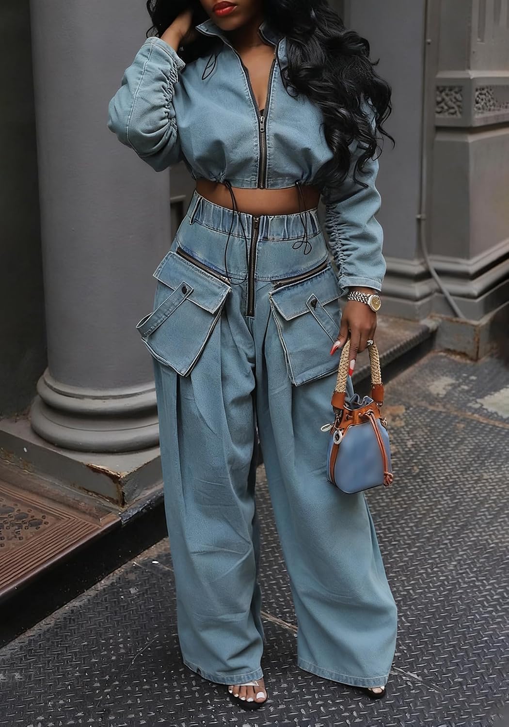 Tbahhir Womens 2 Piece Outfits Denim, Baggy Cargo Jeans and Long Sleeve Zipper Cropped Jackets Drawstring Pants Sets Y2k
