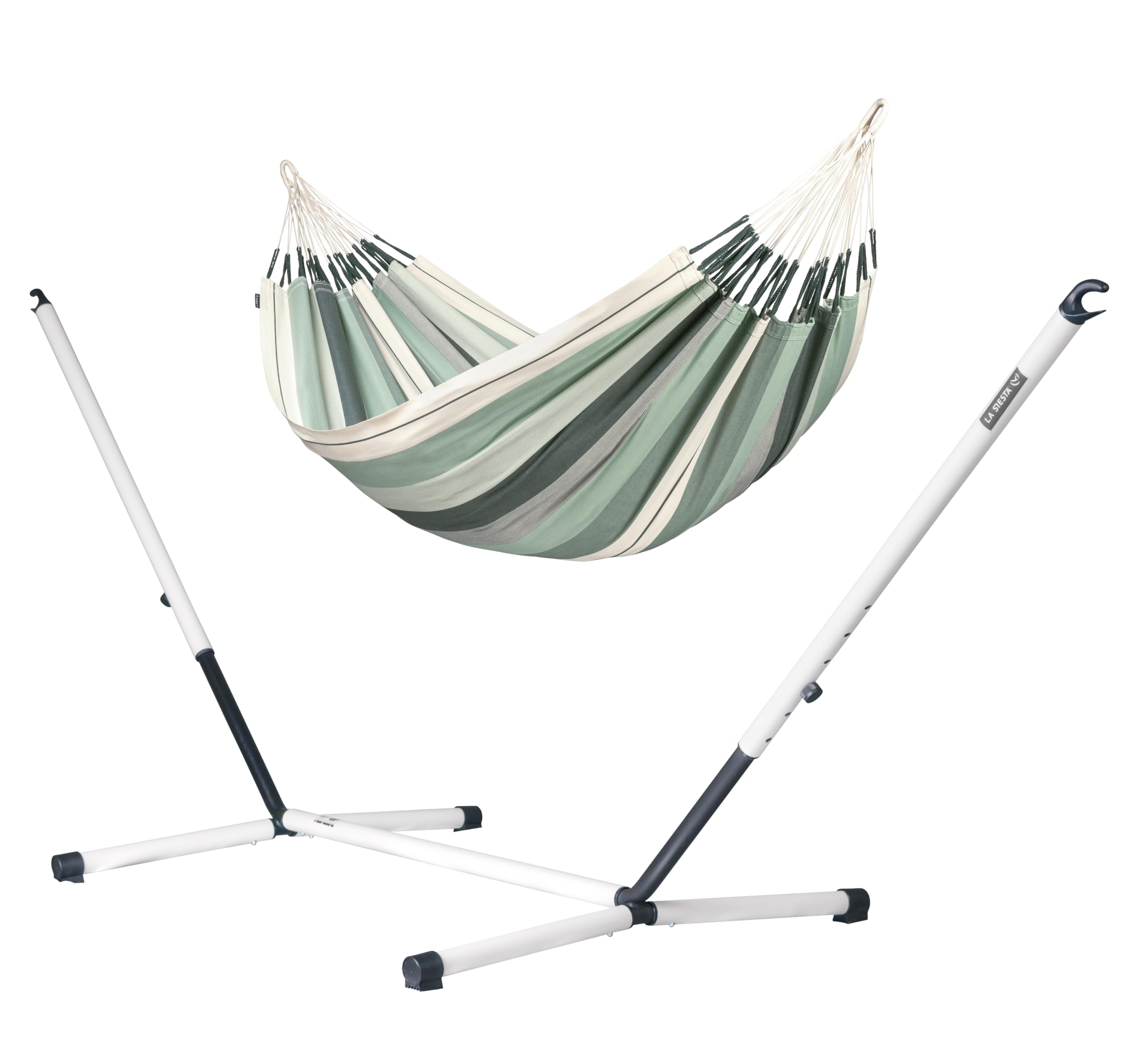 LA SIESTA® Modesta Amaca doppia in cotone biologico e supporto in acciaio, amaca da esterno, per interni ed esterni, portatile, con supporto, amaca a 2 posti per giardino, balcone,