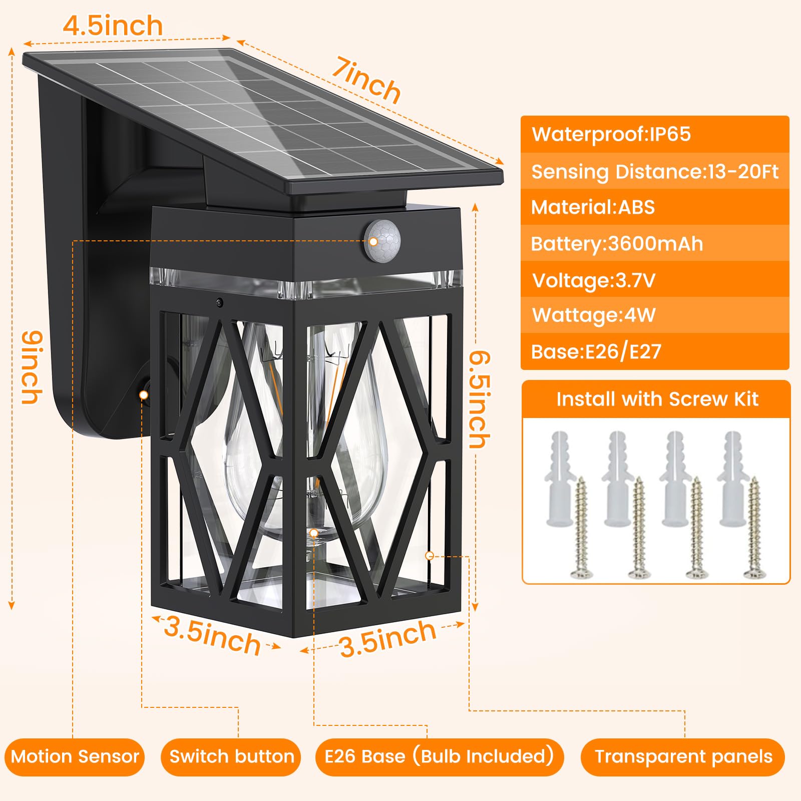 Solar-Veranda-Leuchten für den Außenbereich, Dämmerung bis Morgendämmerung & Bewegungsmelder, Solar-Wandleuchte mit Laternenform, 3 Modi, IP65 wasserdicht, E26-Glühbirne, Außenleuchte für