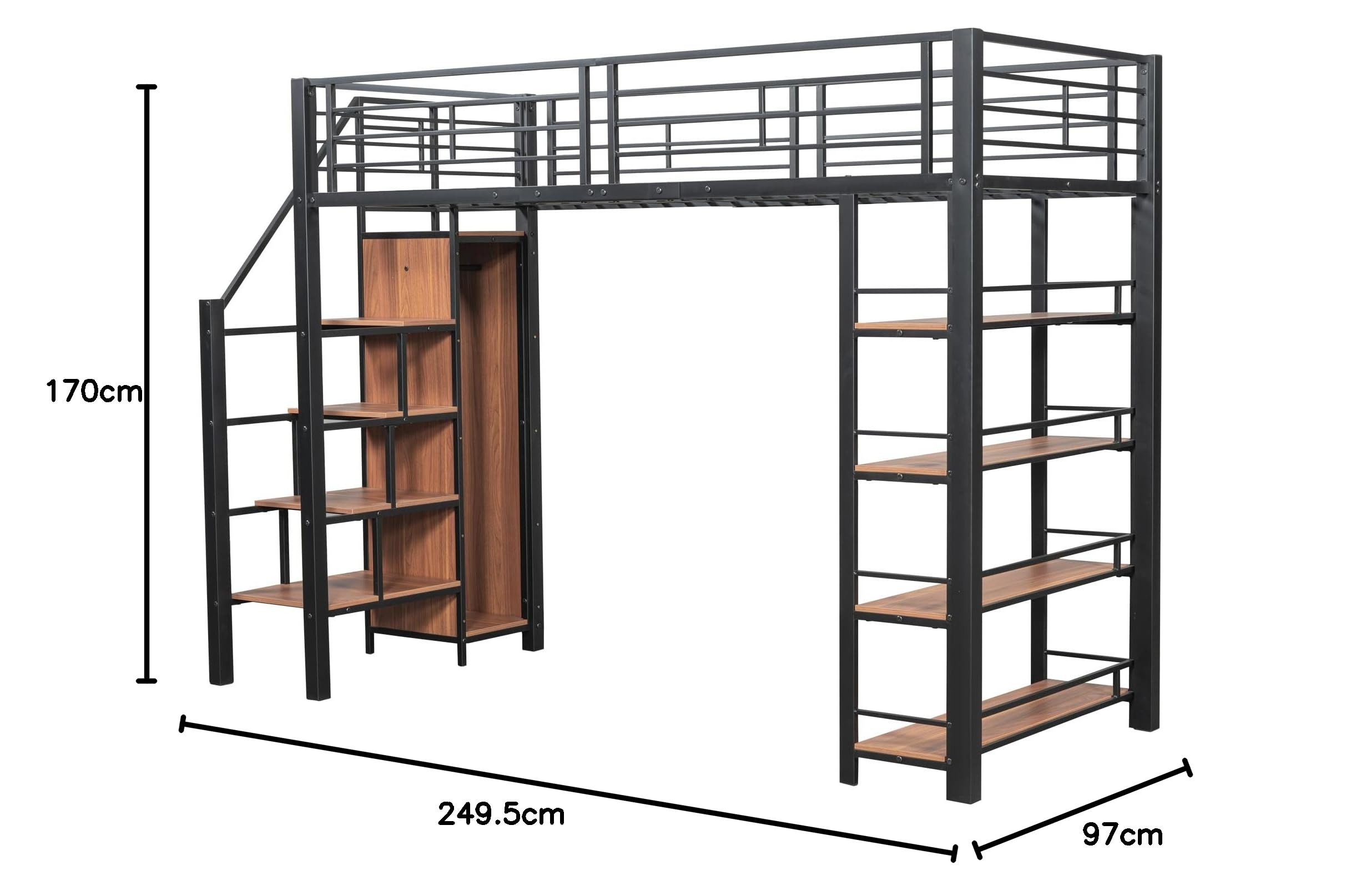 Letto A Soppalco Singolo 90x200 Cm Con Scala Di Sicurezza E Cassetti - In Ferro Nero, Portata 120 Kg, Ideale Per Ragazzi, Spazio Di Archiviazione Incluso