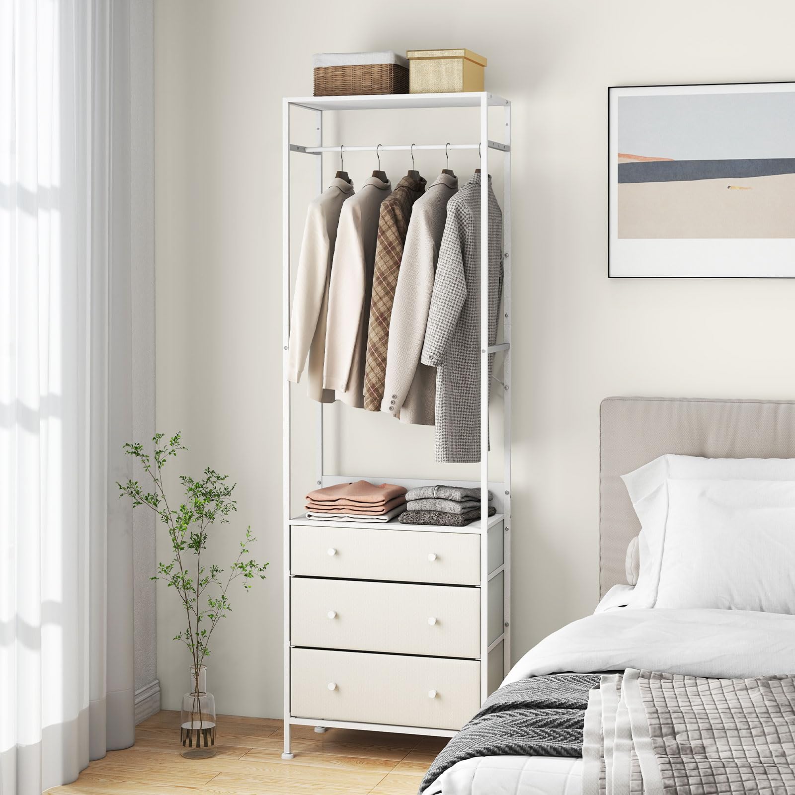 GIANTEX Appendiabiti Autoportante con 3 Cassetti e Barra Appendiabiti in Metallo, Dimensioni 55 x 28 x 176 cm, Mobile Multiuso per Camera da Letto, Soggiorno e Corridoio (Bianco)