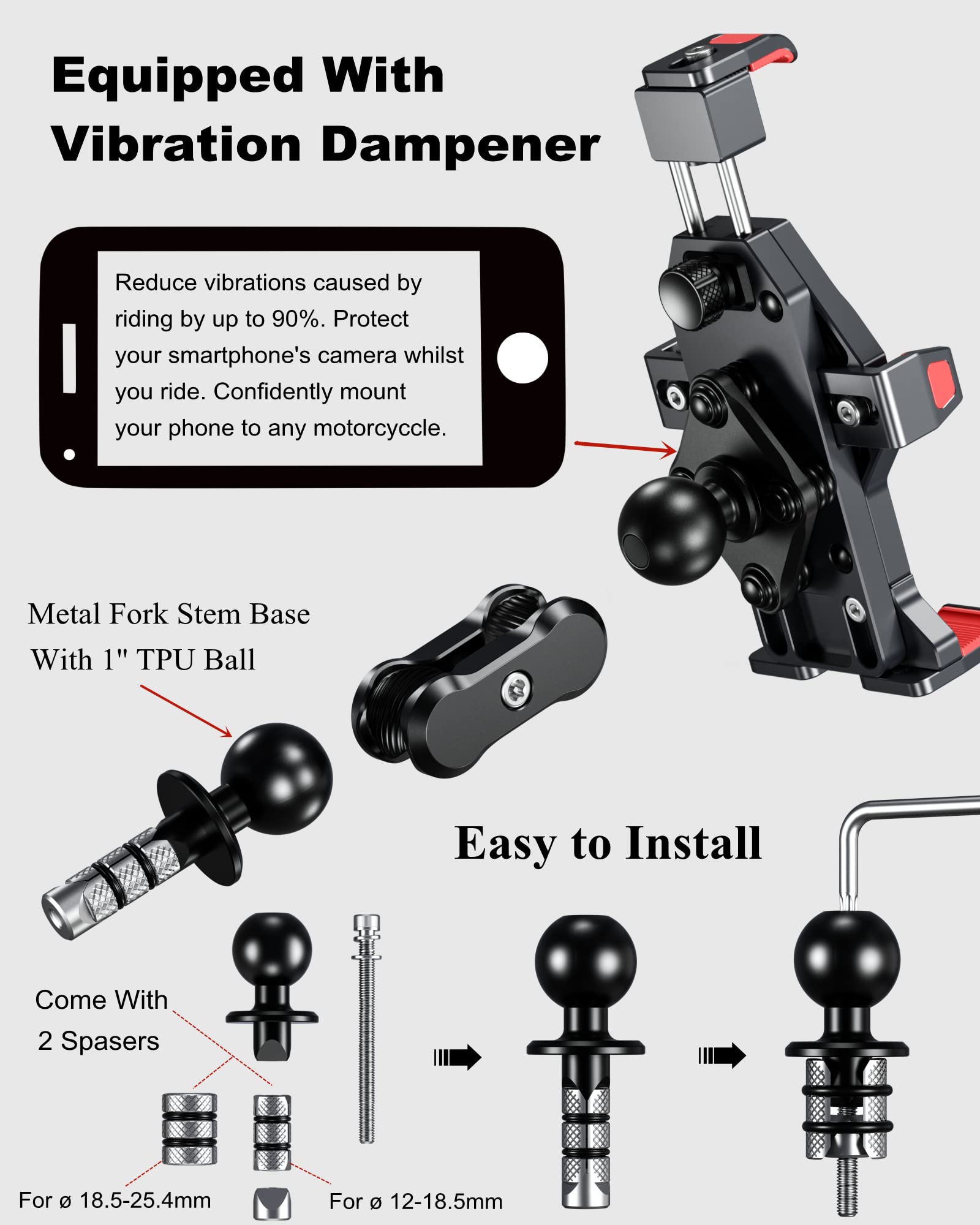 BRCOVAN Lega Alluminio Supporto Telefono per Stelo Forcella Motociclo con Smorzatore Vibrazioni, Metallo Porta Telefono per Moto per 4.7''-7.2'' Smartphone