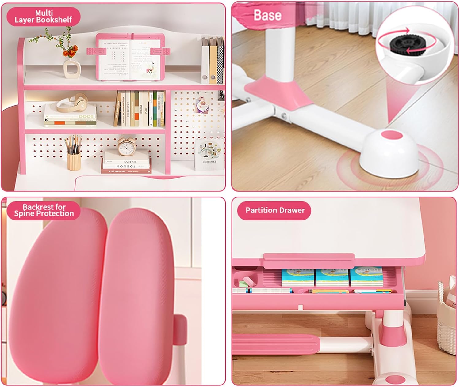 Kids Functional Desk and Chair Set - Ergonomic Height Adjustable Art Desk for Bedroom with Tiltable Desktop, Book Stand, Reading Rack & Storage Drawer for Children Boys & Girls (013Pink)