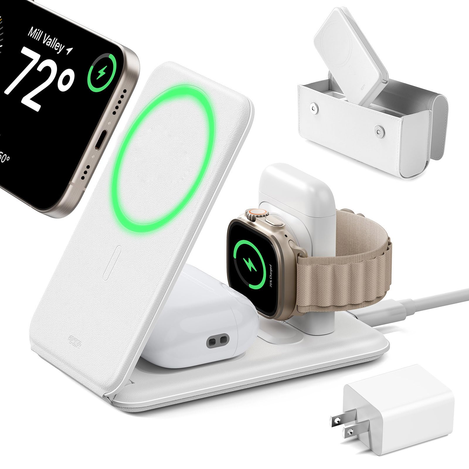 ESR 3 in 1 Charging Station for Apple, 15W MagSafe Charger Stand, MagSafe Travel Charger for iPhone 17/16/15/14/13/12 Series, Watch, AirPods, White (Bag Included)