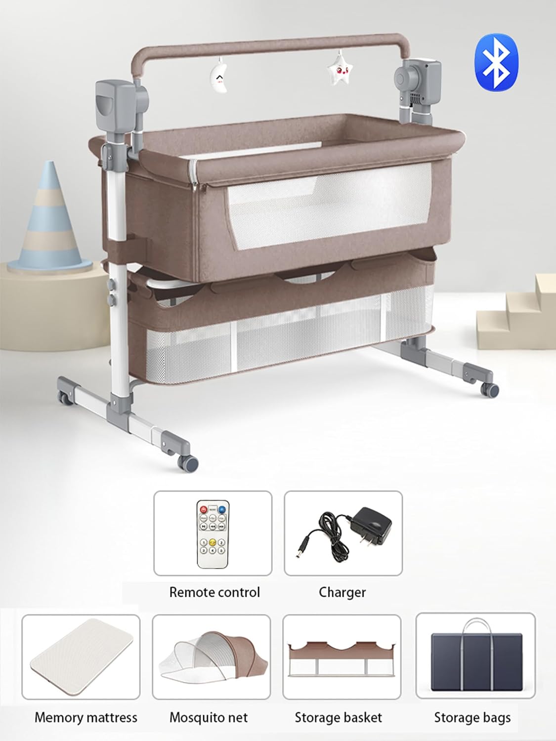 Electric Bluetooth Smart Baby Bedside Crib, Bassinet for Co-Sleeping, Infant Bedside Sleeper Cot, Convertible Foldable Baby Crib with Remote Control, Music and 5 Swaying Gears (601 Khaki) image 2 of 9 B0CX1HT6CY