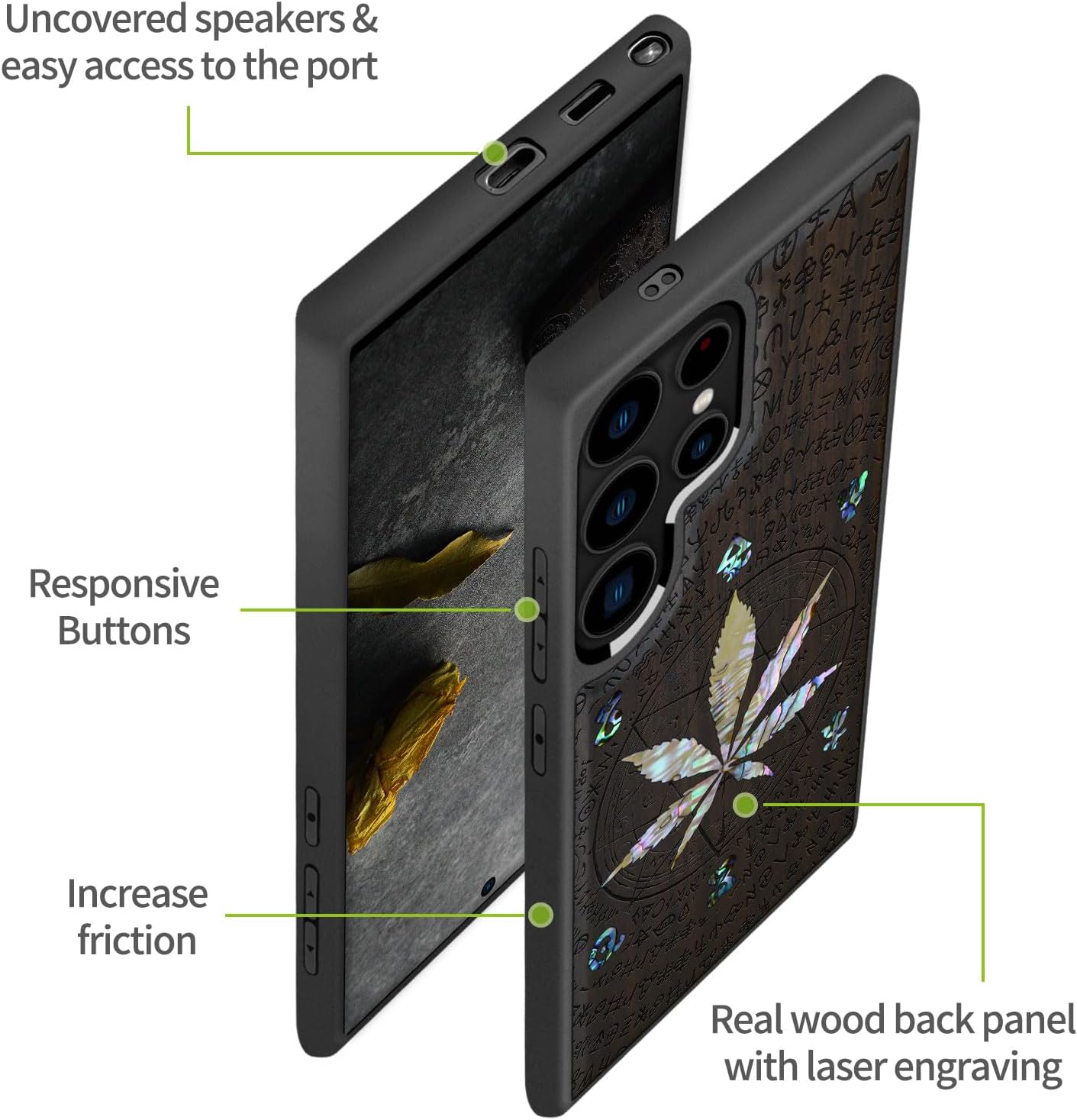 Carveit Magnetic Wooden Case for Samsung Galaxy S25 Ultra Case, Wood Artisan Engraved & Handmade Shell Inlaid, Compatible with MagSafe Wireless Chargers (Cannabis Leaf and Caduceus amidst) Blackwood