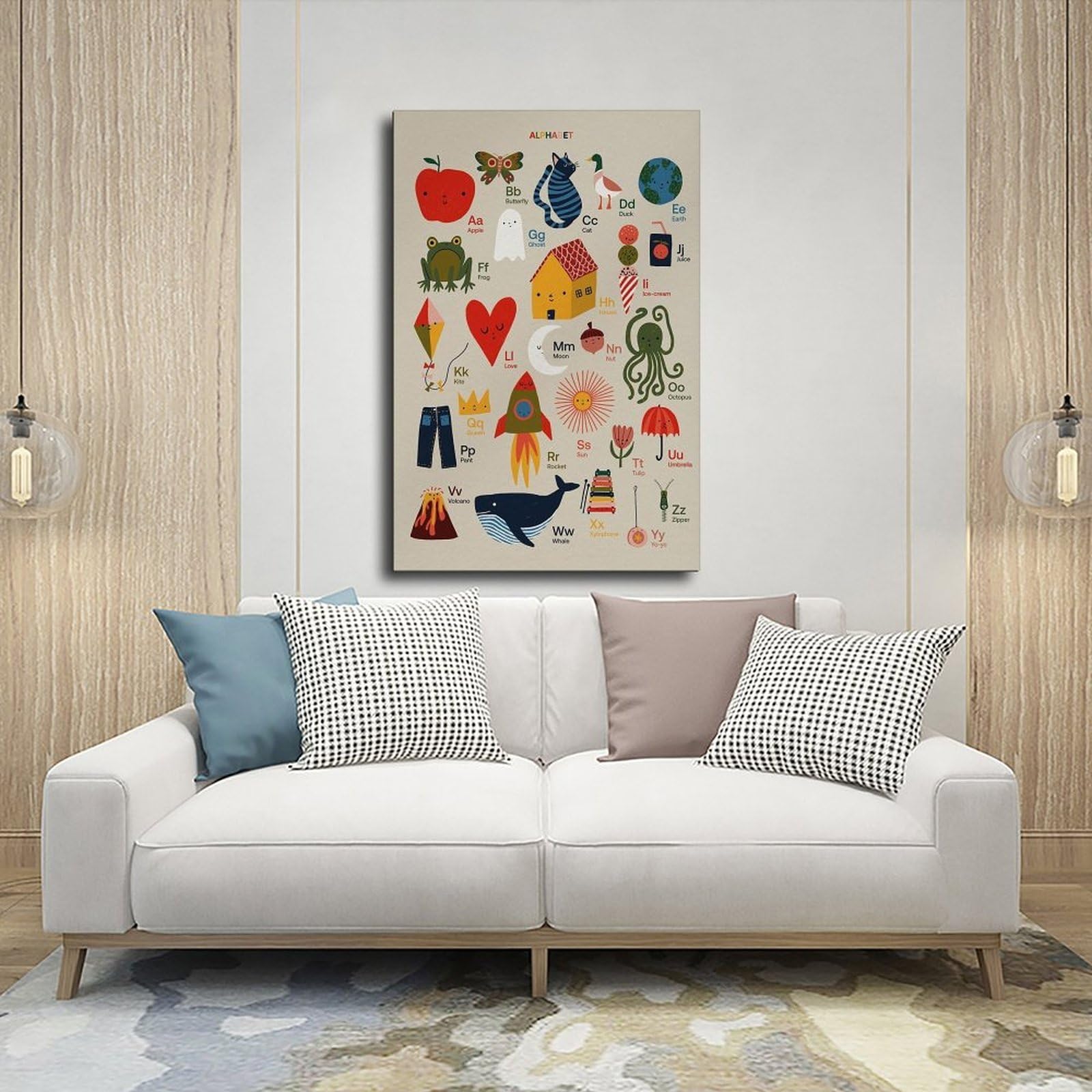 Poster éducatif sur toile avec lettres de l'alphabet illustrées à la main - Décoration murale pour salon, chambre à coucher - 50 x 75 cm