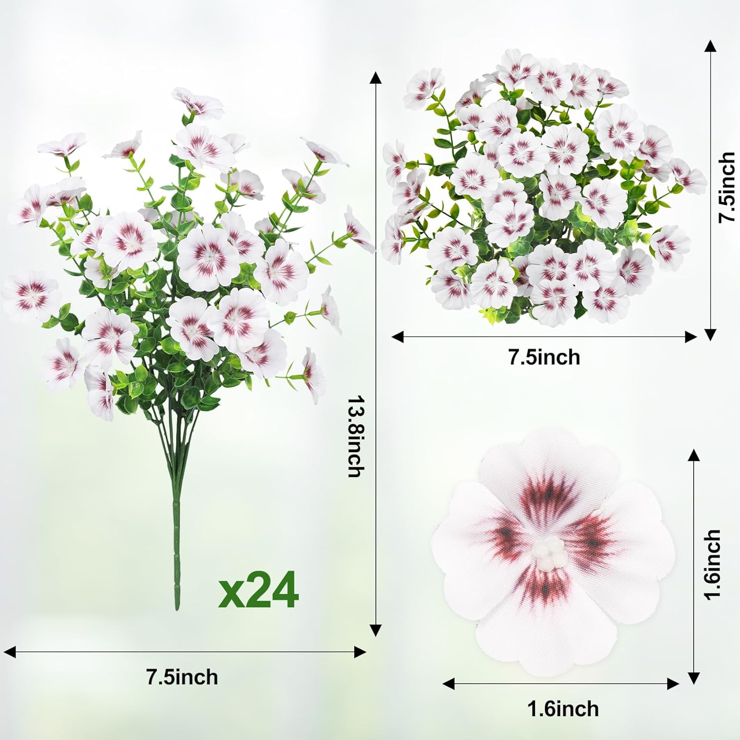 24 Bundles Artificial Flowers for Outdoors Fake Silk Flowers UV Resistant Faux Plants Eucalyptus for Spring Summer Decoration Planters Table Vase Garden Yard Porch Window Home Decor, White