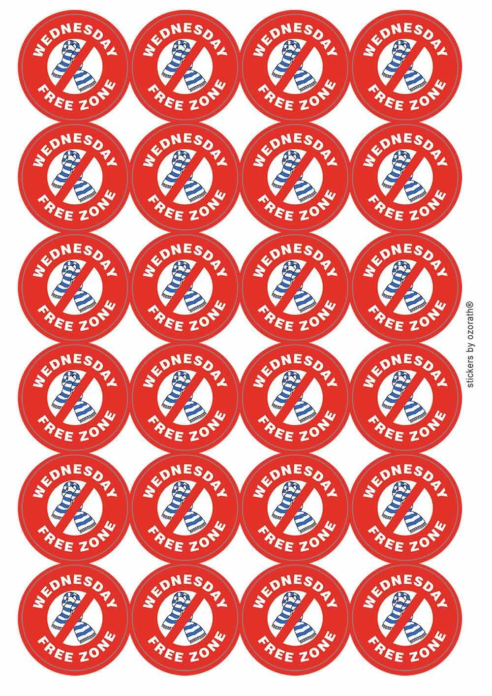 Wednesday Free Zone Funny Joke Novelty Circular Matt Paper Stickers A4 Sheet of 24 (Each Sticker is 45mm Diameter)