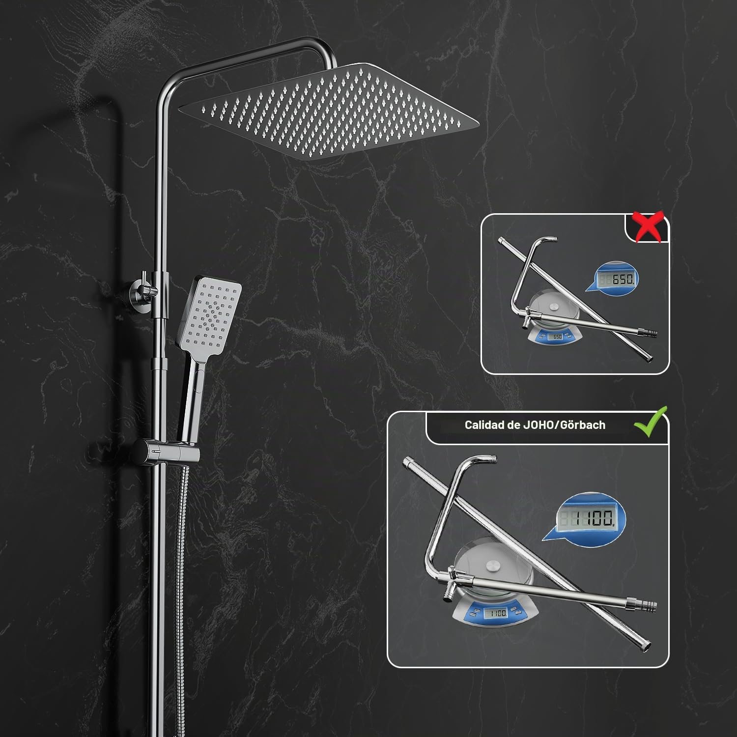 JOHO Columna de Ducha Acero Inoxidable sin Grifo Thermostato, Set Ducha con Barra Altura Adjustable con Ducha Mano Alcachofa y Cabezal Rociador Lluvia 30x30cm, Cromo