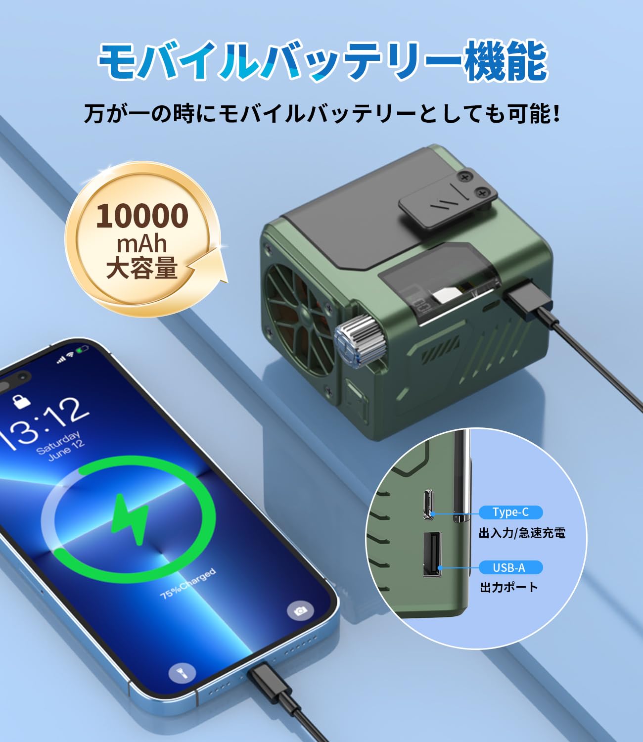 Amazon.co.jp: 腰掛け扇風機【2025新&10000mAh大容量&1台多役