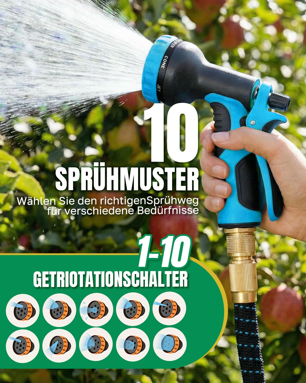 15m/50FT Flexibler Gartenschlauch, Erweiterbarer Gartenschlauch mit 10-Funktions-Düse, 3/4" und 1/2" Zoll Messinganschlüssen, 4 lagiger Latex, 3750D-Gewebe Wasserschlauch für Garten, Autowäsche, Hof