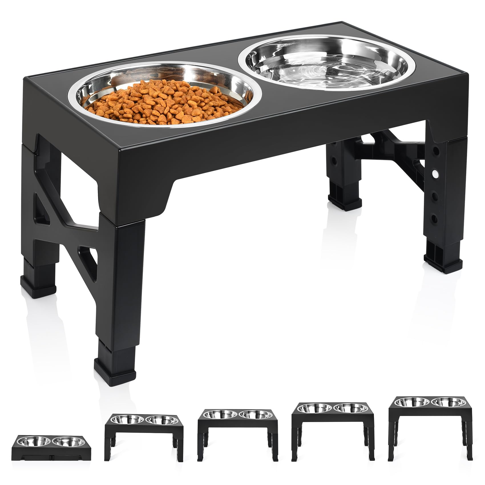 Elevated Dog Bowls, Raised Dog Bowl with Adjustable Stand, Double Dog Food and Water Bowl for Small Medium Large Dogs or Cat, 5 Heights 3.15”, 8.66”, 9.84”,11.02”,12.2” (Black)