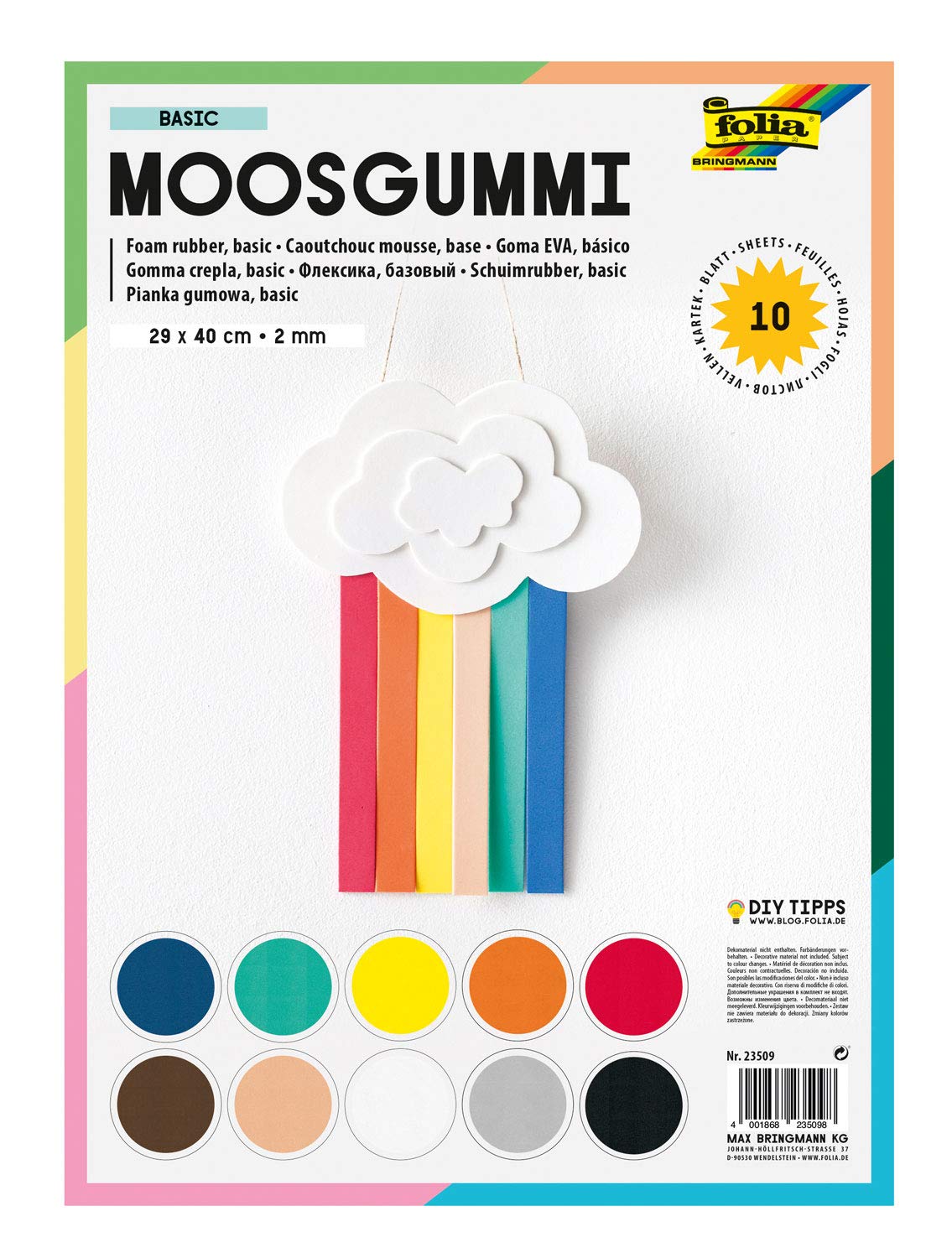 folia 23509 – Foam Rubber 2 (29 x 40 cm 10 Sheets 10 Assorted Colours