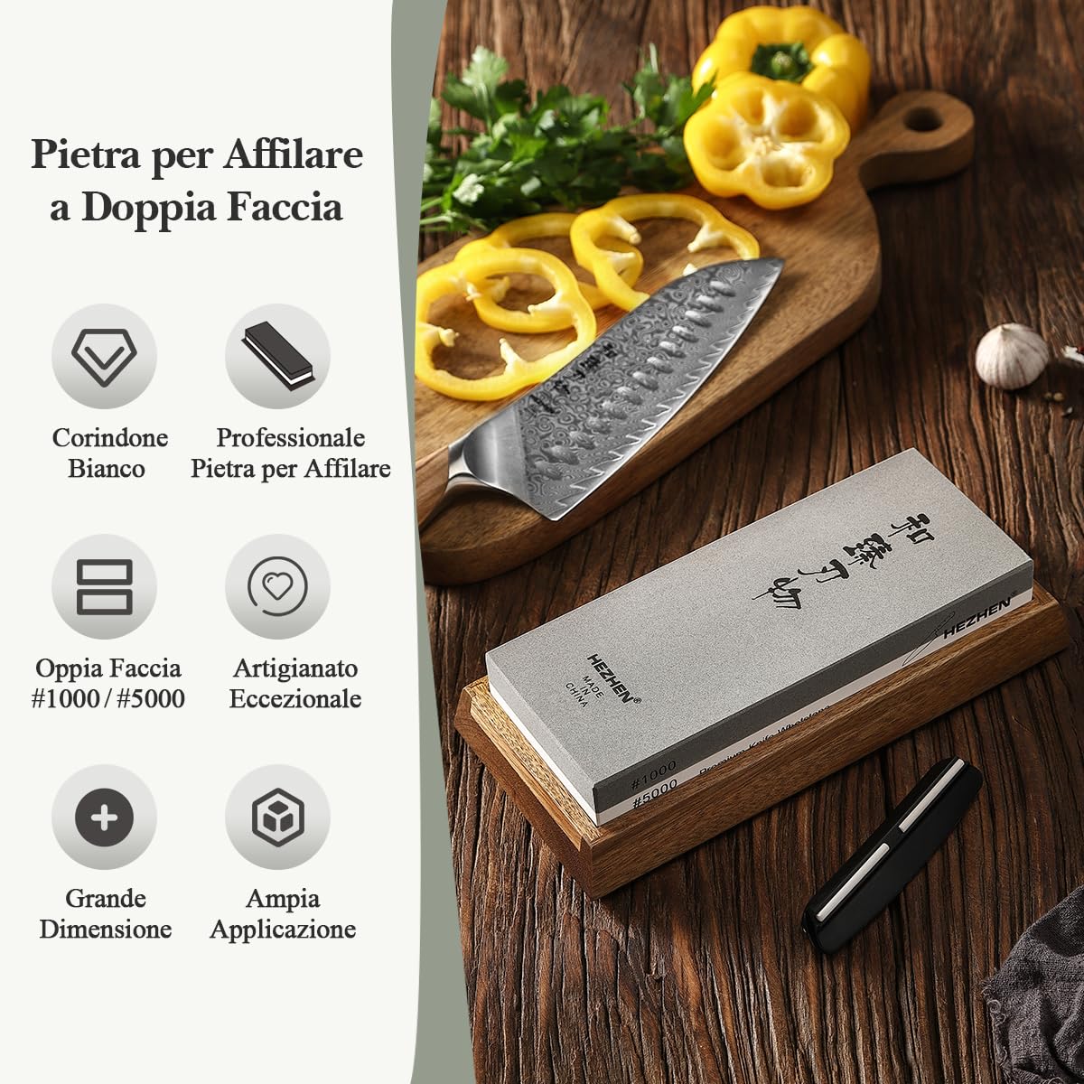 HEZHEN Pietra Affilacoltelli Professionale, Pietra per Affilare al Corindone Bianco, Doppia Faccia Grana1000/5000, con Guida Angolare, Base in Legno