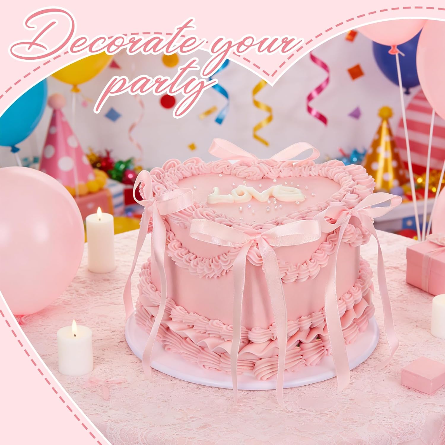 YEXEXINM 7 in Pink Bow Fake Cake, Heart Shaped Artificial Birthday Cake with Pearls and Love Word, Faux Bakery Display Cake Model for Wedding Party Decoration, Photography Props, Shop Window Display