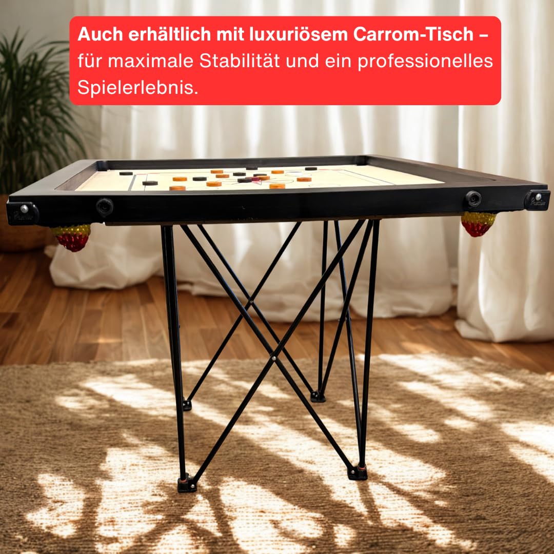 Precise Prof Carrom - AMA-One 8 mm - 12 kg. Turnier Brett - India handgefertigt - Turnier Wettkampf - Komplett mit Steinen, Striker in Tasche - Top Qualitate