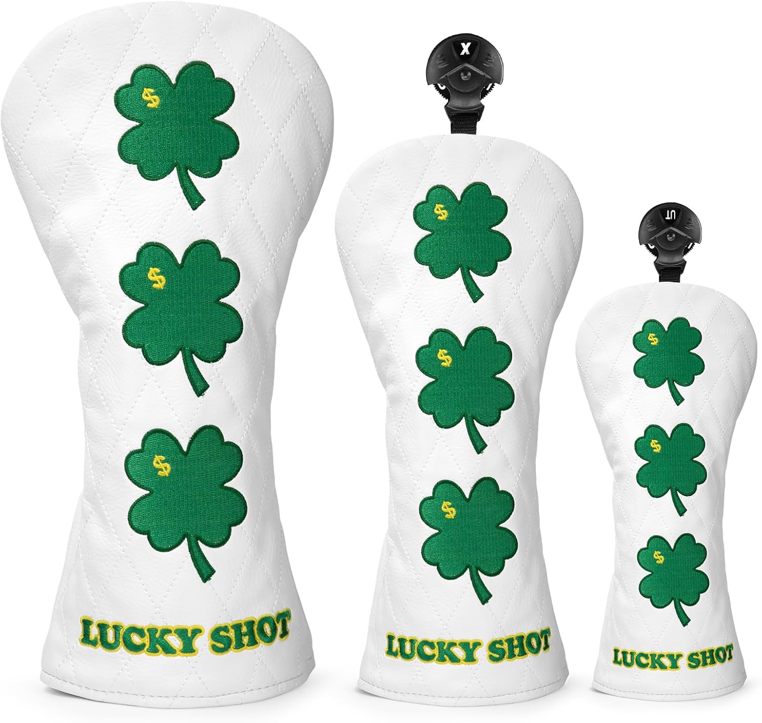 Golf Club Covers, 1pc or 3pcs Golf Headcovers Set 1 3 h, White PU Leather Driver Headcover, 3 Wood Cover, Hybrid Headcover Lucky Clover Style Golf Club Protective Case