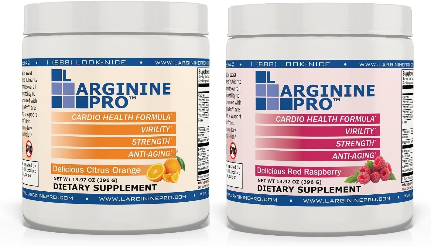 L-ARGININE PRO 2-Pack, Orange and Raspberry & Great Tasting | Blood Flow | Pre-Workout Drink | Increased Energy | Vitamins C, B6, B12, K & More