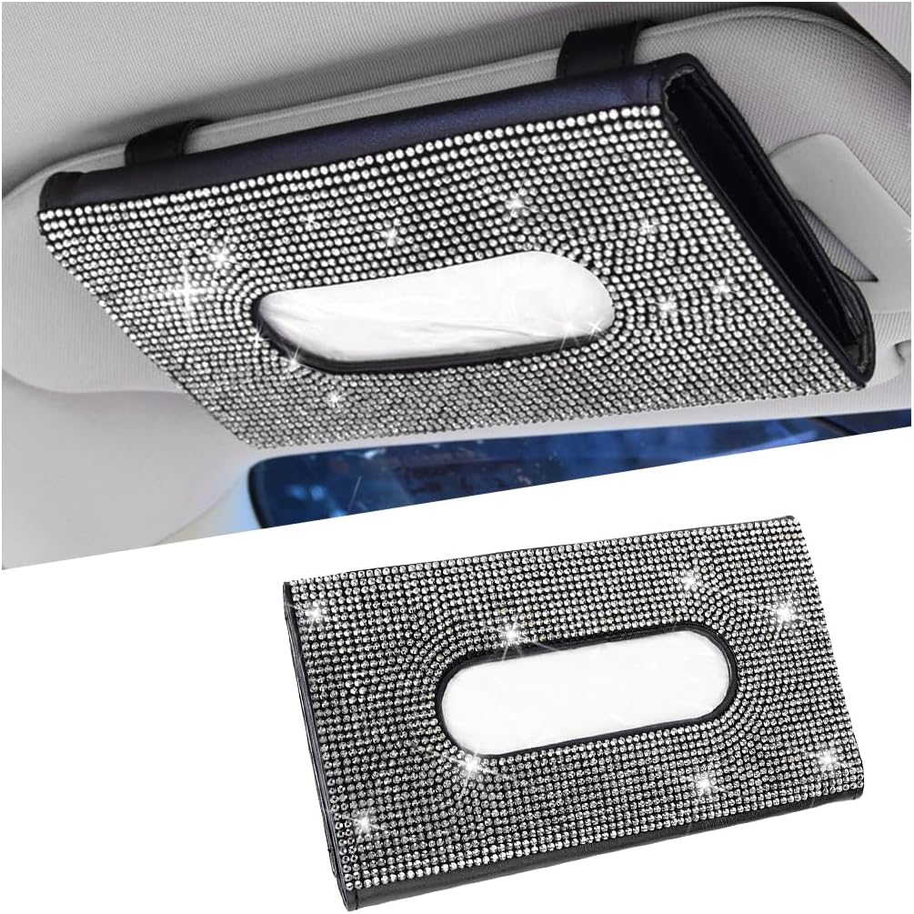 Bling Car Tissue Holder for Sun Visor, Crystal Rhinestone Leather Vehicle Paper Towel Case, Glitter Diamond Auto Napkin Clip Accessories for Women, Universal for SUV, RV, Truck (White/Black) White+black