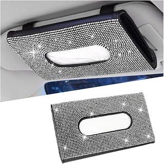 Rhinestone Leather Car Sun Visor Tissue Holder, White/Black | dual rear clips, reusable closure, smooth tissue access, fits most cars, SUVs, trucks, car interior accessories