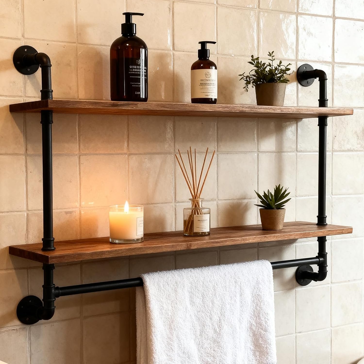 Industrial Pipe Shelving Pine Shelf,Pipe Shelves with Wood Planks,Wall Mounted Bookshelf,Floating Bar Shelves(2 Tier 42In)