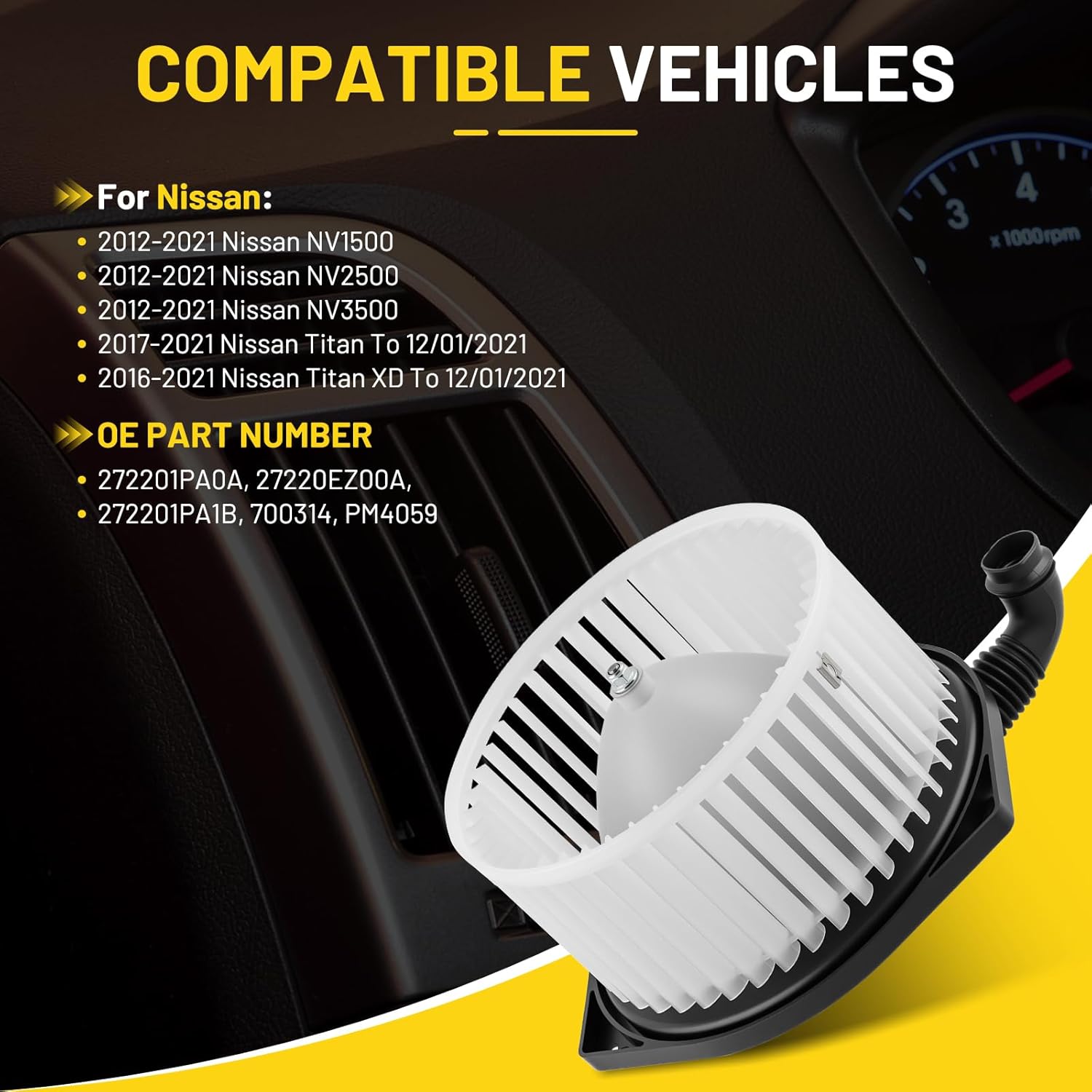 700314 HVAC Blower Motor Fits for Nissan NV1500 NV2500 NV3500 2012-2021, for Nissan Titan 2017-2021, for Titan XD 2016-2021 Blower Motor Replacement 272201PA0A 27220EZ00A 272201PA1B