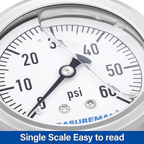 Miniatura 5 de MEASUREMAN - Manómetro de plomería relleno de glicerina, tamaño del dial de 2.5 pulgadas, 0 a 60 psi, caja de acero inoxidable, montaje trasero NPT