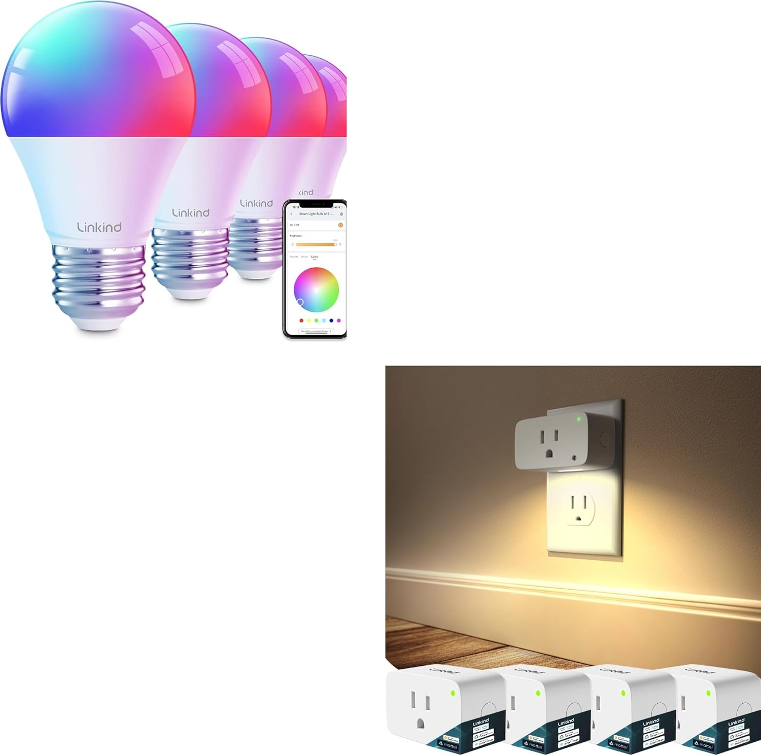 Smart Light Bulbs, Compatible with Alexa & Google Home 4 Pack Bundle Matter Smart Plug with Night Light 4 Pack