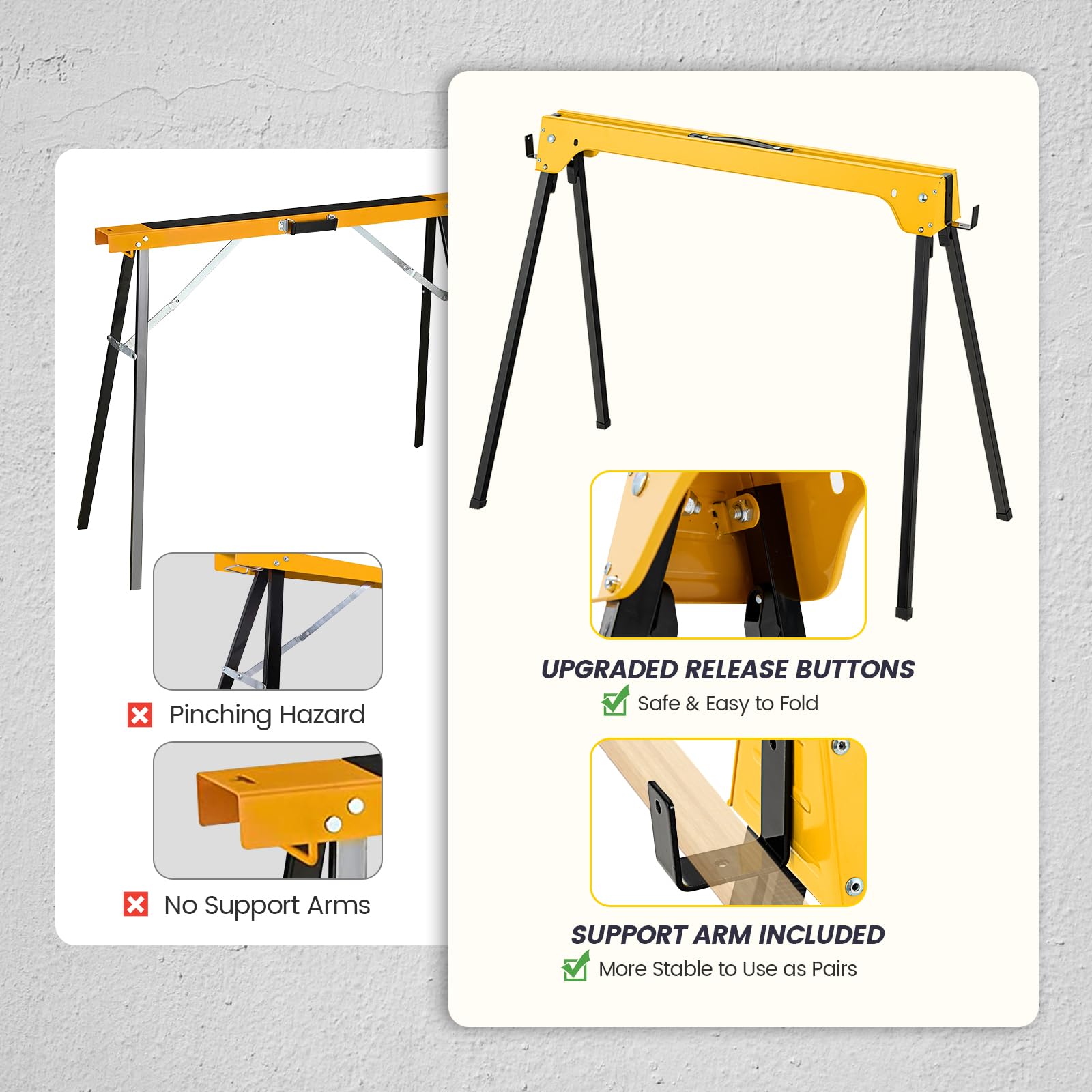 GOPLUS Pack de 2 caballetes de sierra plegables, andamios portátiles con mango cómodo y brazos de apoyo desmontables 2 x 4, capacidad de peso de 600 kg por caballete, no requiere montaje