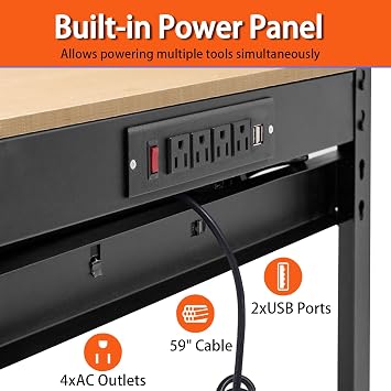 Workbench with Power Outlets and LED Light - Steel Workbench with 4xAC Outlets 2xUSB Ports, Garage Work Bench with Drawer and Peg Board, Workshop Tools Table, Mens Gifts, 59 H x 48 L x 24 D