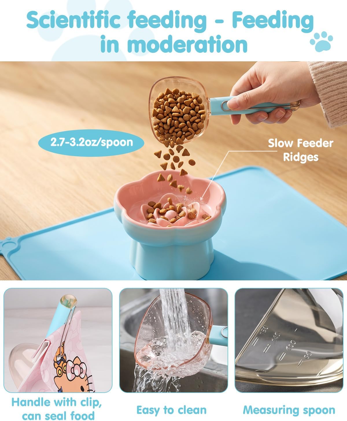 Ceramic Elevated Slow Feeder Cat Bowl Set with Feeding Mat & Measuring Scoop, Raised Tilted Puzzle Bowl for Cats & Small Dogs, Whisker Friendly Pet Feeding Dish for Dry Wet Food (Blue)