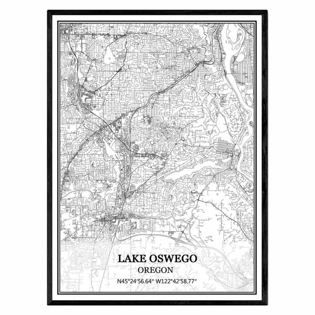 TANOKCRSLake Oswego Oregon USA America Map Wall Art Canvas Print Poster Artwork Unframed Modern Black and White Map Souvenir Gift Home Decor 9x11 inches