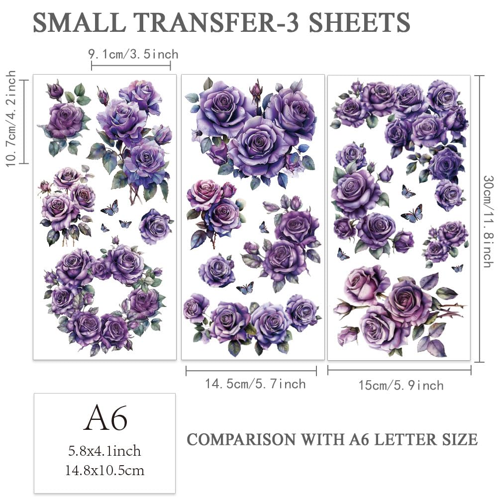 1set 3 Pcs Watercolor Flower Rub On Transfers For Furniture And Crafts...
