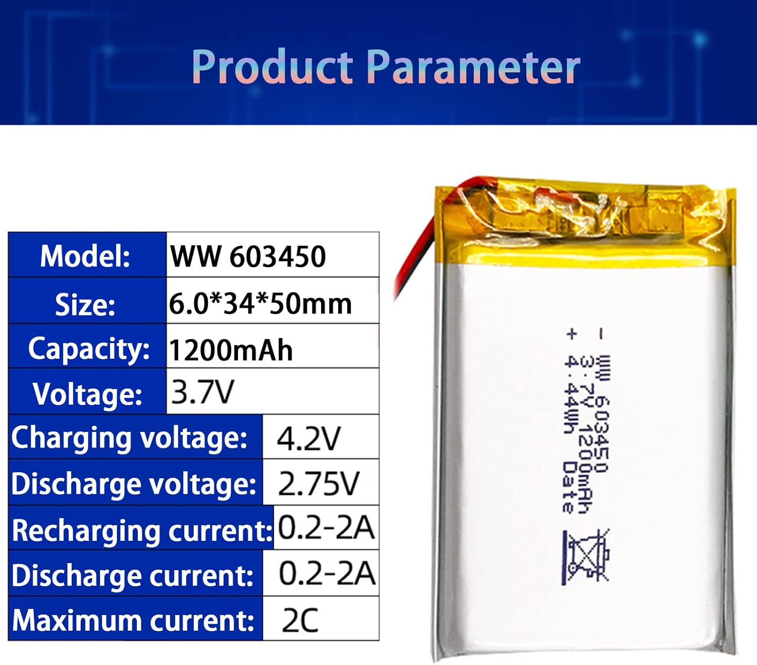 1200mAh Lithium Battery 3.7V 1.2AH Rechargeable Lithium Polymer ion Battery 603450 Home Backup Polymer Batteries with Protection Board (2pcs)