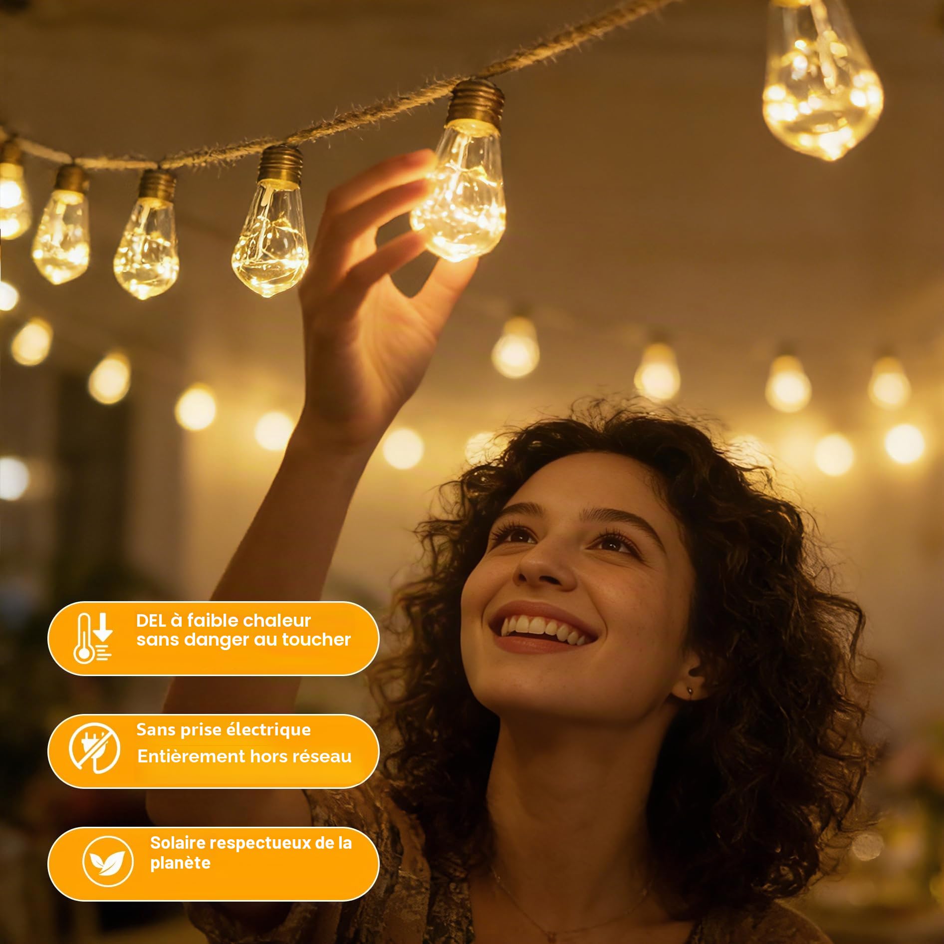 Lampes solaires d'extérieur de jardin - 20 ampoules S17 - 10 m - Corde de chanvre avec télécommande, USB et énergie solaire - Incassable - Étanche - 8 modes - Guirlande lumineuse féérique pour