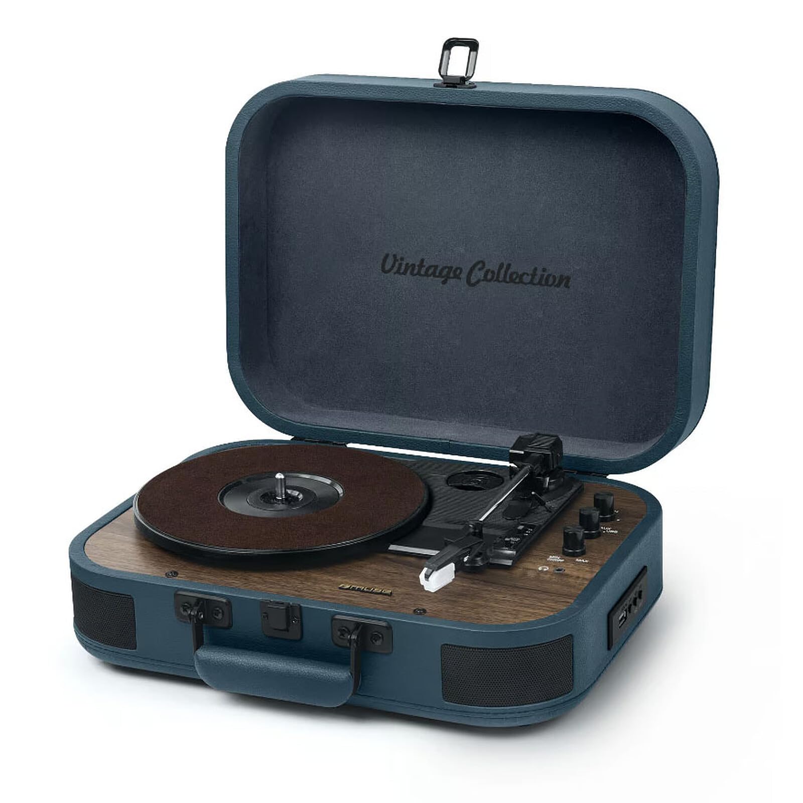 Muse MT-201 OB. Piatto Stereo a 3 velocità 33/45/78 RPM. Ricevitore Bluetooth. Porta USB per la riproduzione e la decodifica. Lettore di schede SD. Ingresso ausiliario Mini-Jack. Colore blu/legno