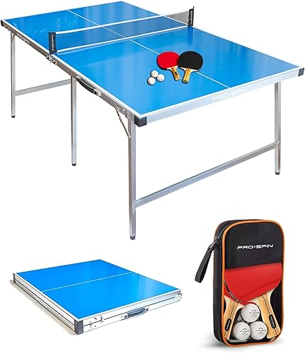 PRO SPIN Mesa de ping pong compacta, tamaño mediano, 72 x 41 pulgadas, plegable, portátil, 100% premontada, resistente a la intemperie para