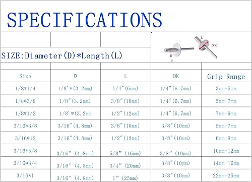 Miniatura 5 de Remaches ciegos de acero inoxidable de 1/8" x 1/2", remaches pop de 0.126 x 0.500 in, paquete de 100 plateado