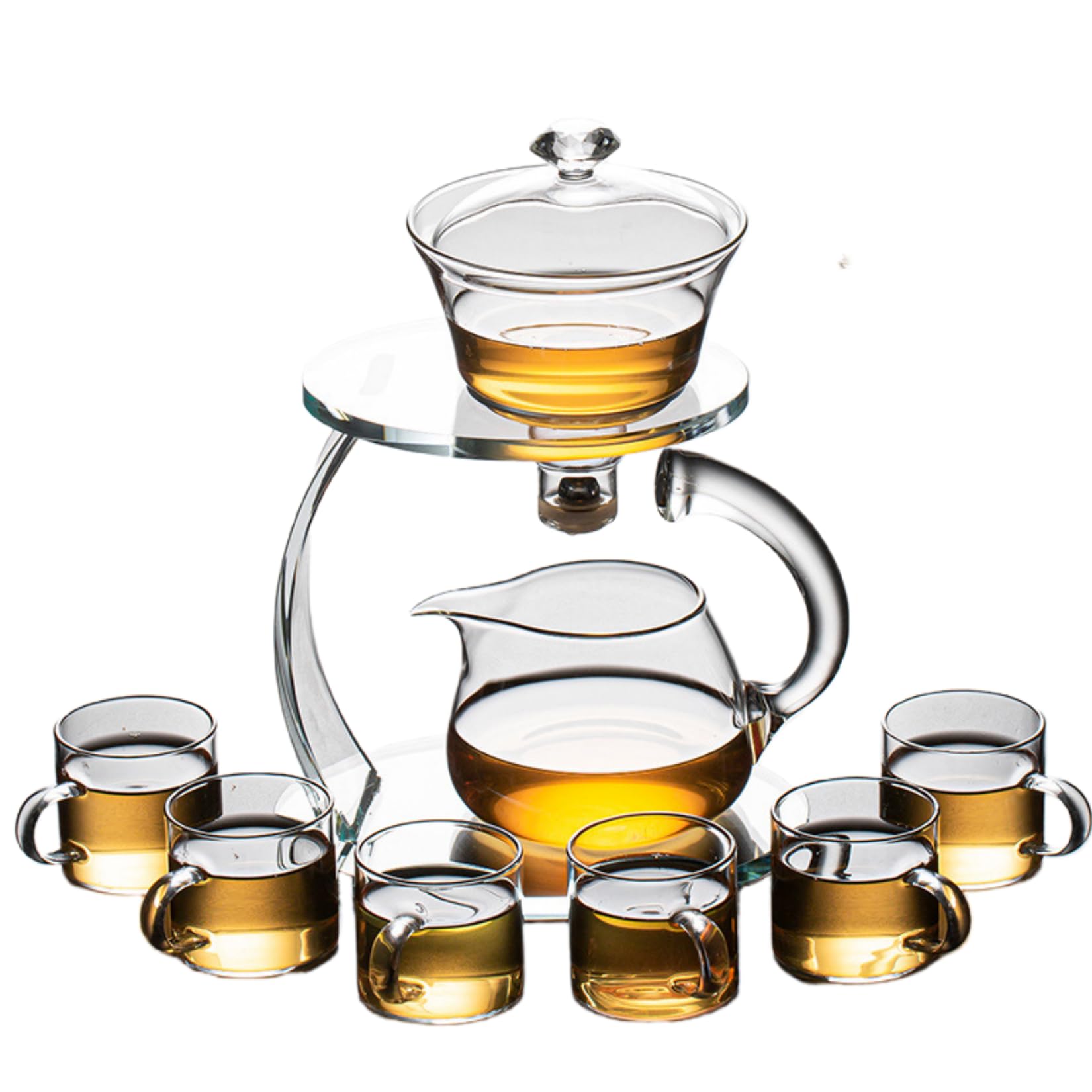 Fire Kirin Glass Teapot Set Semi Automatic Drip Rotating with Infuser Chinese Heat-Resistant Lazy Kungfu Tea Set (Transparent, Teapot Set)